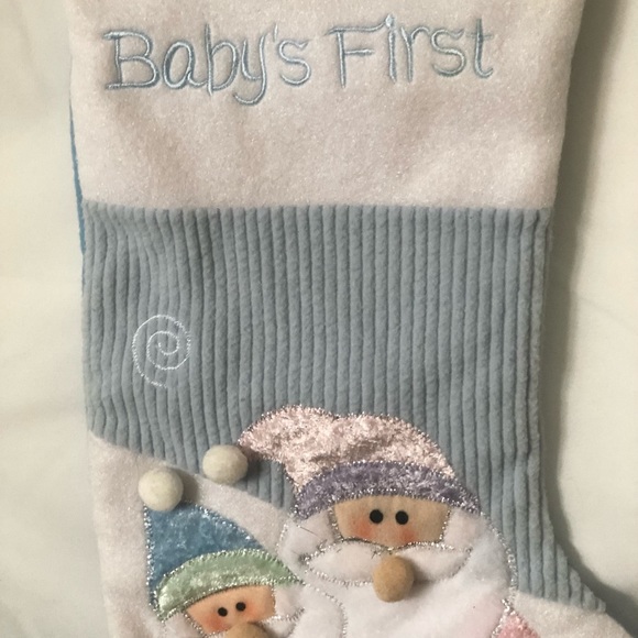 Baby's 1st Christmas Blue and White Embroidered Santa Gnomes Christmas Stocking - Picture 3 of 12